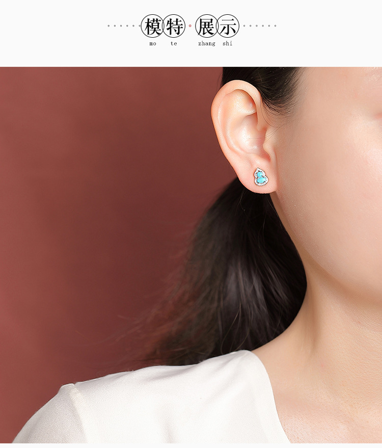 Bông tai bạc S925 đính đá turquoise hình hồ lô phong thủy may mắn — Cặp đôi chi tiết 6