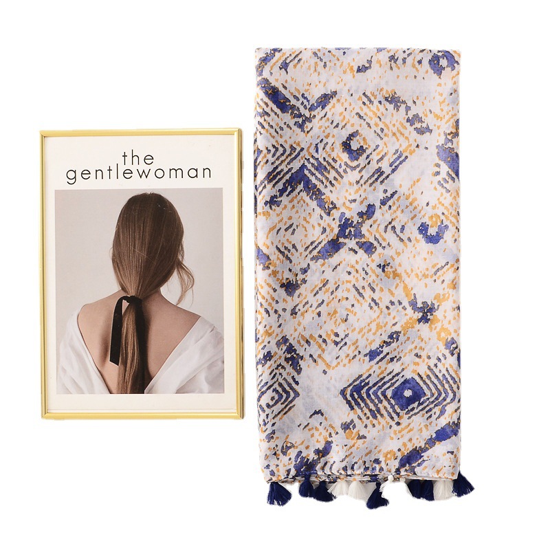 Estilo coreano caliente-Venta de algodón y lino sensación bufanda de seda dulce dama estilo púrpura diamante impresión geométrica viajes protector solar Toalla de playa