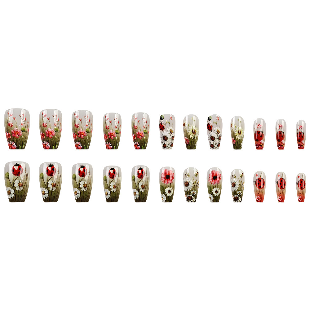 Primavera margarita pintura a óleo de manicura flor mariquita parche de uñas falsas venta transfronteriza ballet tipo uñas