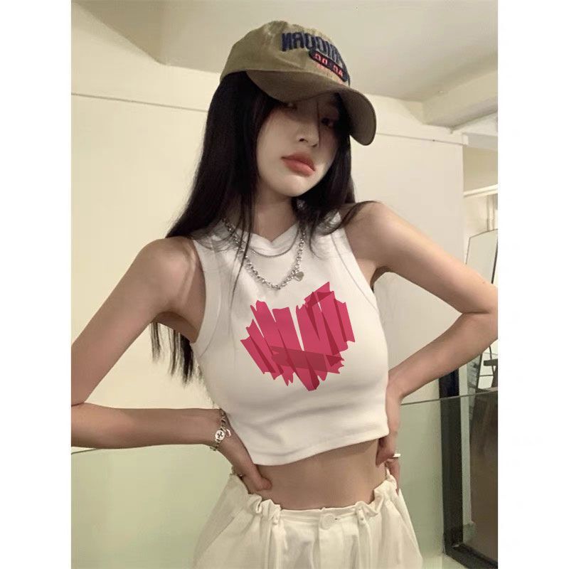 2024 新しい夏のノースリーブレタープリント白底キャミソール女性のためのショートホットガールトップ|undefined