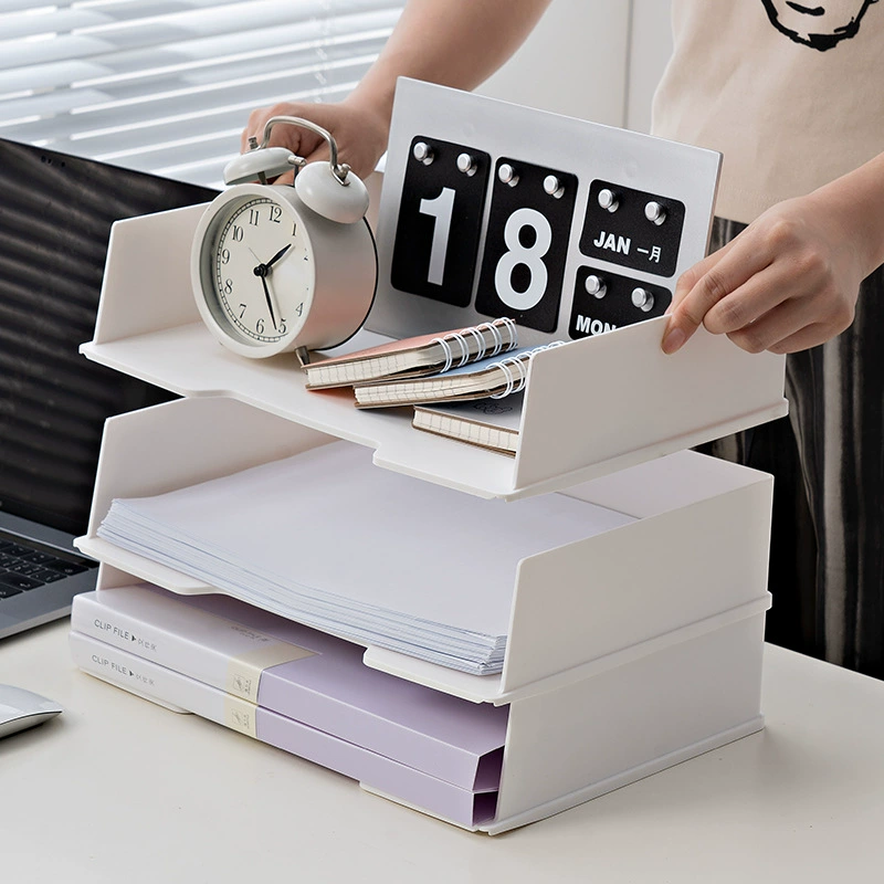 A4 Paper Storage Box, Horizontal Stackable Desktop File Rack, Pull-Out Station, White/Black