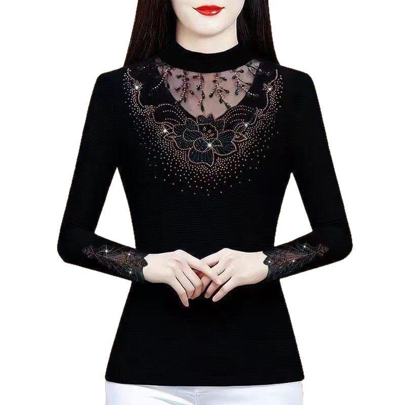 Nuevo otoño/invierno alemán lana media alta cuello de malla bordada de pelo largo de mediana edad moda caliente reducción de edad cubre el vientre top