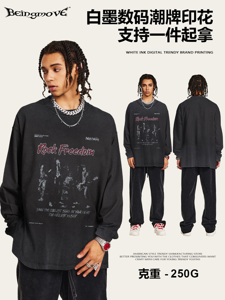 2025 otoño estilo americano de moda estilo callejero vent Punk oscuro vintage suelto camiseta de manga larga hombre venta cruzada