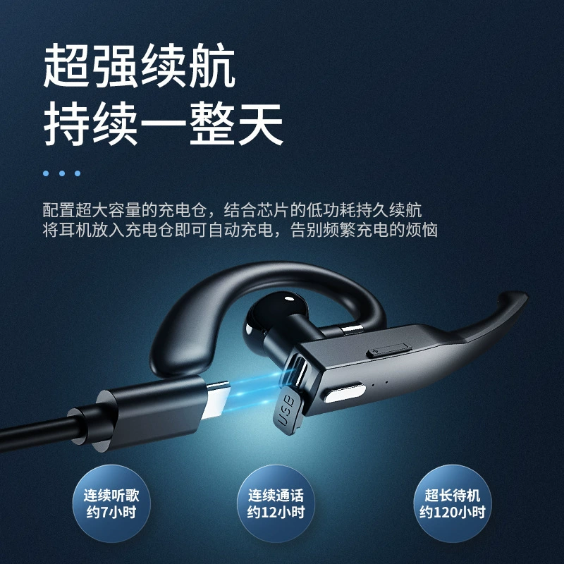 Single‑ear wireless Bluetooth headset, noise reduction, ergonomic ear‑hook, long battery