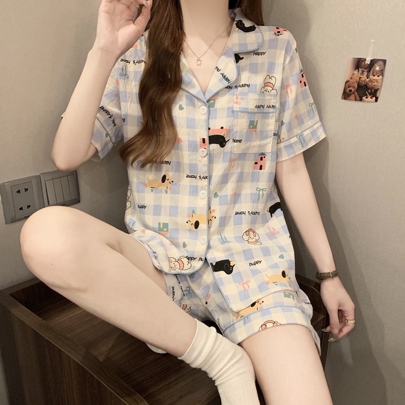 더블 쇼트  017#파란색 체크무늬 검은 개