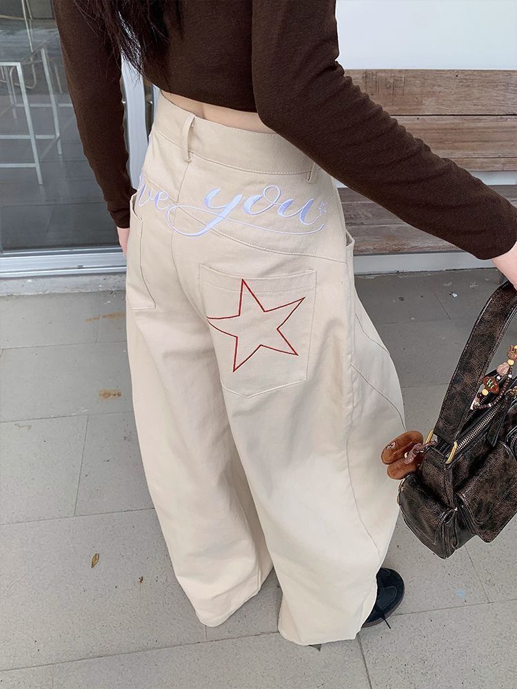 Korean Style Women's Slim Fit Wide Leg Pants Khaki Embroidered Curved Blade Jeans Casual Cotton Denim For Versatile Winter Fashion_ecoleips.com