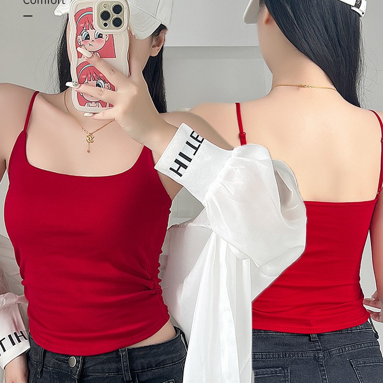 New Style Pure Sweet and Spicy Design Pleated Camisole Women's Fixed Chest Pad Inner Wear Outer Wear Slim-fit Beautiful Back Top