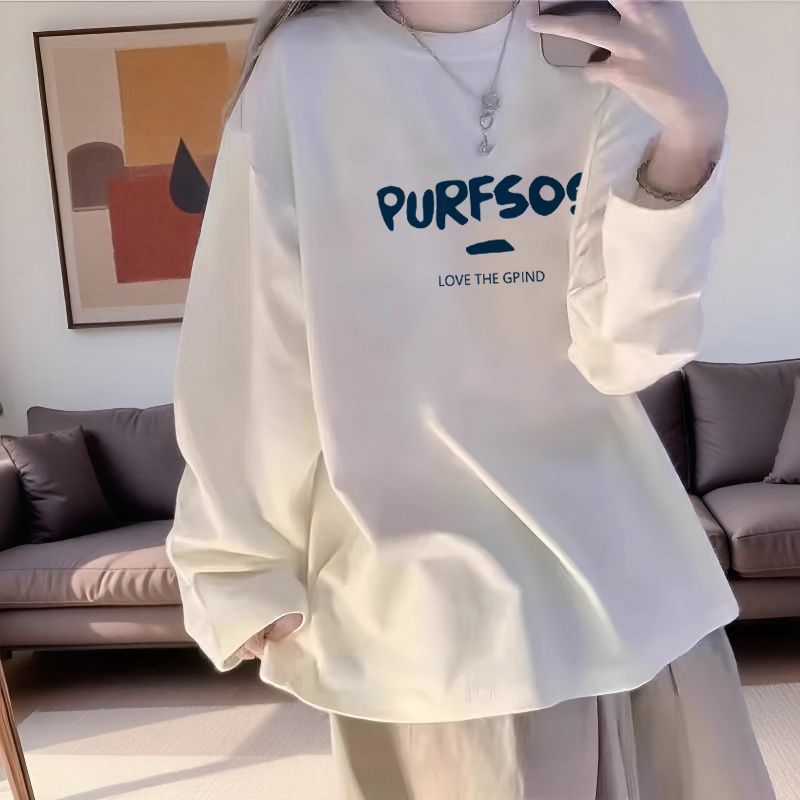 白色春秋新款长袖韩版女装大码t恤百搭宽松上衣棉打底体恤衫ins