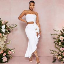 ZY6230 亚马逊速卖通跨境高开叉抹胸款荷叶边花边两件套聚会套装