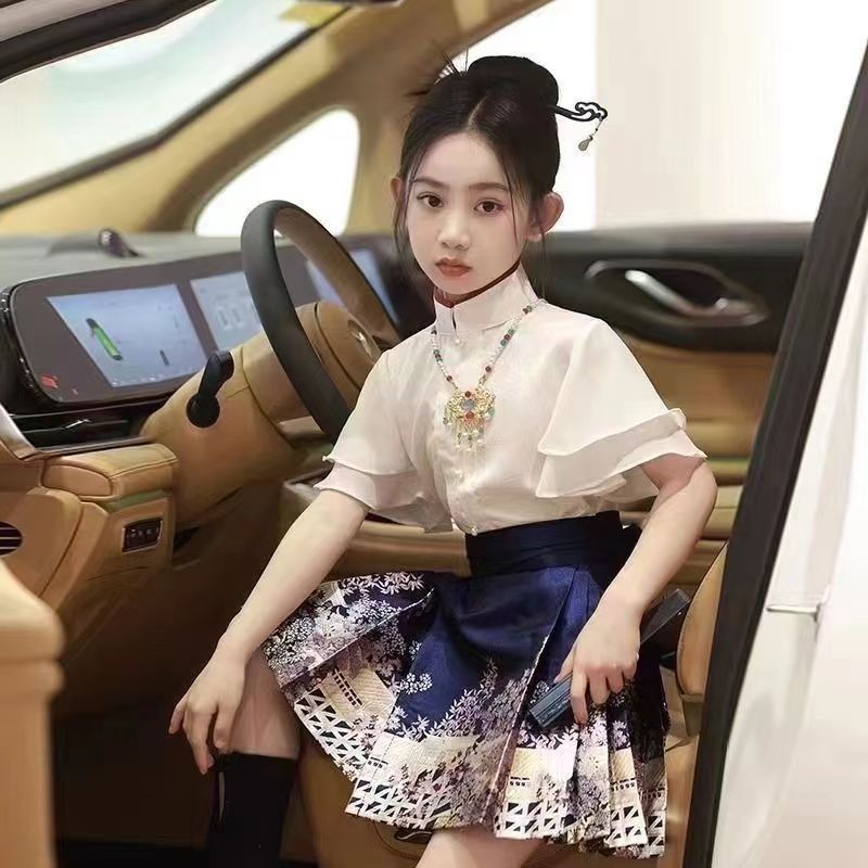 Niños corto vestido de caballo para niñas conjunto 2025 nuevo antiguo estilo de verano antiguo estilo de verano chica delgada