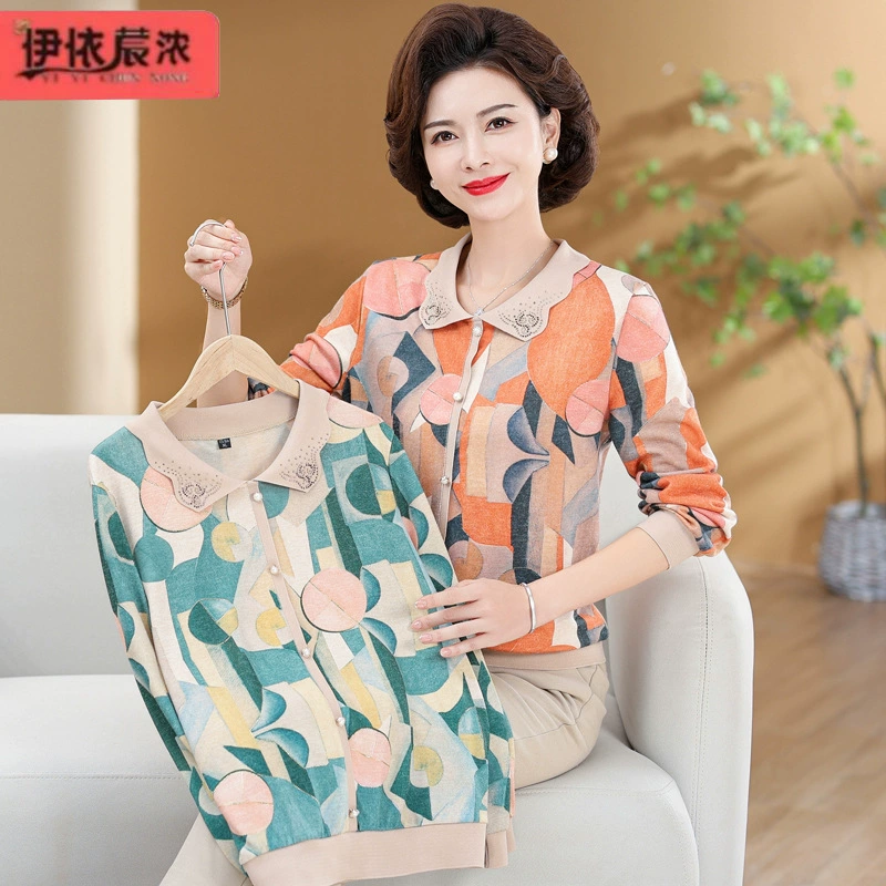 Мама, весна, новая футболка с длинными рукавами и лацканами, топ для 50-летних женщин среднего и пожилого возраста, тонкая рубашка контрастного цвета, оптовая продажа