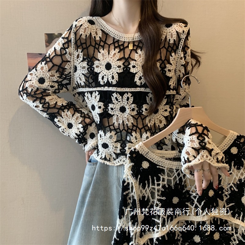 Real shot real price ~ plus size early autumn hollow gouhua color matching flower long sleeve sweater women's loose slim blouse summer Real shot real price ~ plus size early autumn hollow gouhua color matching flower long sleeve sweater women's loose slim blouse summer