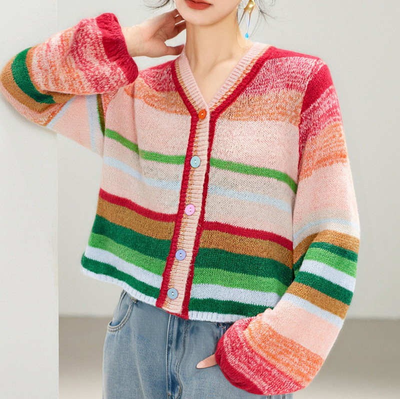 Dopamine Style Rainbow Contrast Striped V-Neck Cardigan Women 2025 New Lazy Style Long-Sleeve Knit Top