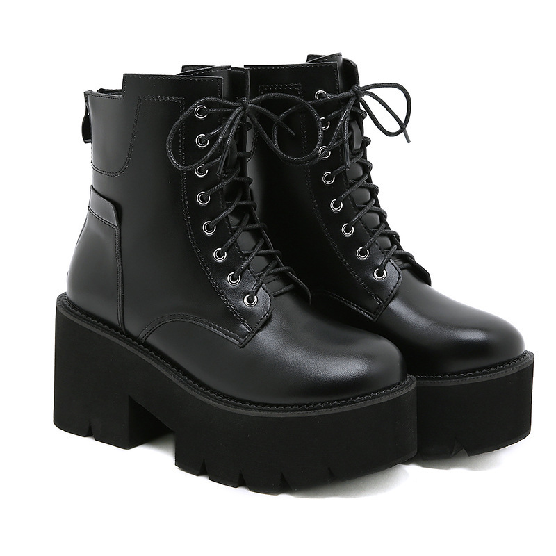 European and American Fashion Martin Boots High Heel Thick Bottom Front Lace-up Round Head Locomer Boots Black Rear Zipper Middle Barrel Foreign Trade Women's Boots
