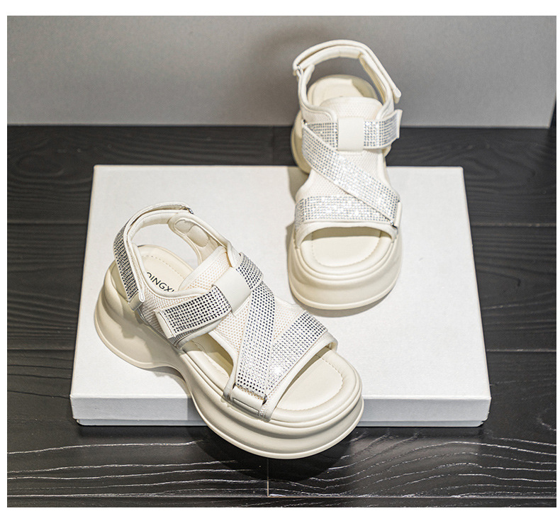 Dép sandal đế xuồng tăng chiều cao lưới thoáng khí đính đá phong cách casual nữ — M2597 màu đen, M2597 màu be chi tiết 20