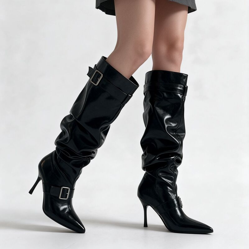 2026 New Cross-Border Plus Size Pointed Toe Elegant Women's Boots European and American Solid Color Pleated Long Boots High Heel Buckle Knight Boots