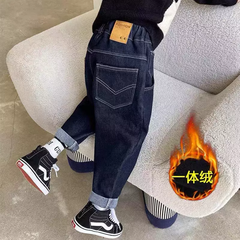 源头厂家春秋冬宽松儿童牛仔男童加绒裤一体绒萝卜裤潮流一件代发