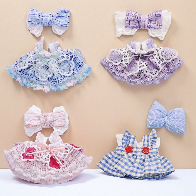 Pastoral Plaid Suit Skirt Bow 17cm Plush Doll Clothes Labubu Accessories Sweet Princess Skirt Baby Clothes Pastoral Plaid Suit Skirt Bow 17cm Plush Doll Clothes Labubu Accessories Sweet Princess Skirt Baby Clothes