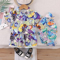 跨境童裝批發兒童短袖套裝0-4歲男童滿印卡通襯衫T桖短褲2件套