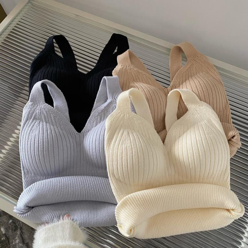 秋冬加绒加厚带胸垫内搭V领防寒羊毛针织打底衫女保暖吊带背心女