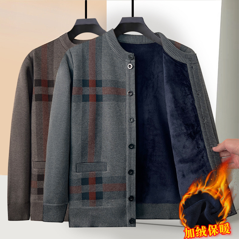 Dad's Autumn and Winter Velvet Thickeneded Cardigan, Middle-Aged and Elderly Cold-Resistant Warm Knitted Sweater Jacket, Grandpa's Top Clothes