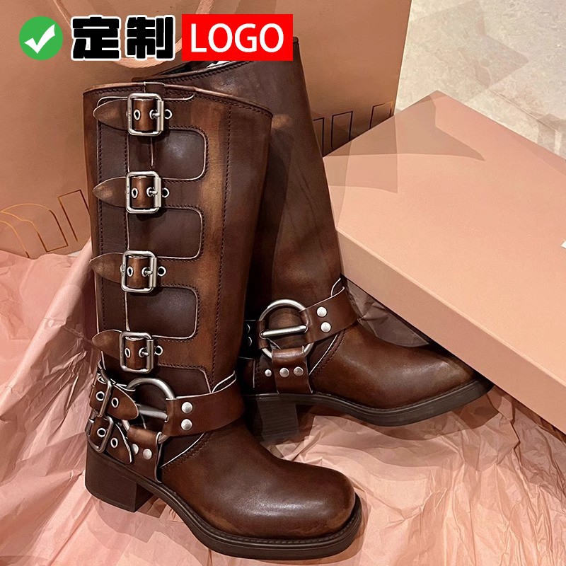 Denim retro brown high boots