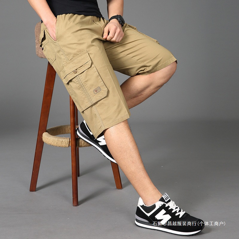 Cross-Border Washed Summer Men's Cropped Pants, Loose Large Size Pants, Outer Wear, Pure Cotton Casual Mid-Pants, Multi-Pocket Cargo Shorts