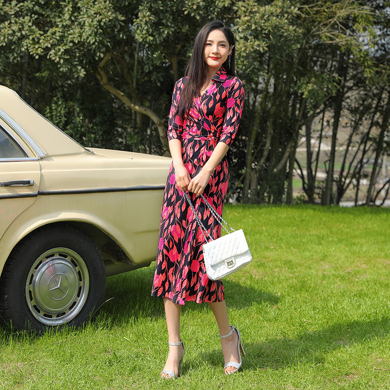 2024 spring new lapel lace-up 3/4 sleeve mid-length sheath dress rose pink lantern wrap dress