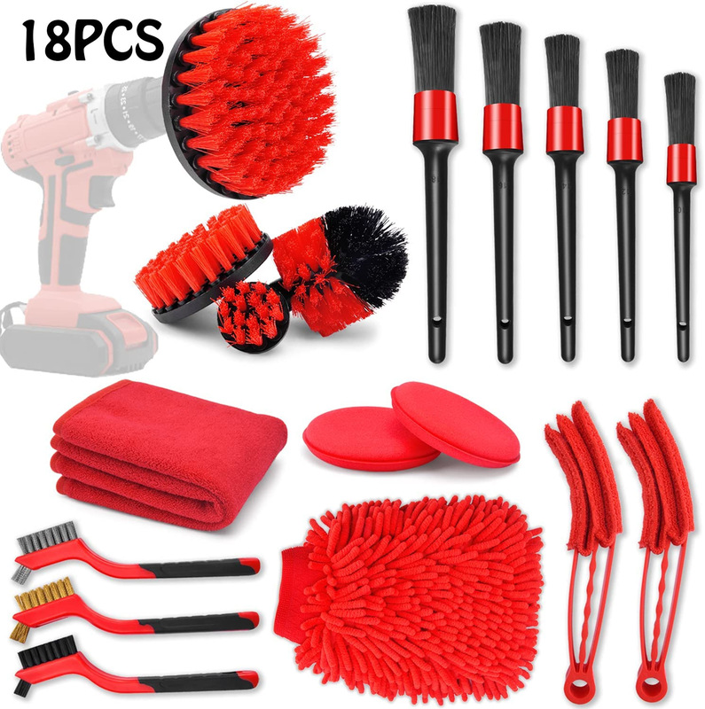 18 pieces of car cleaning tool kit, car detail brush suit, detail drill brush suit car cleaning kit