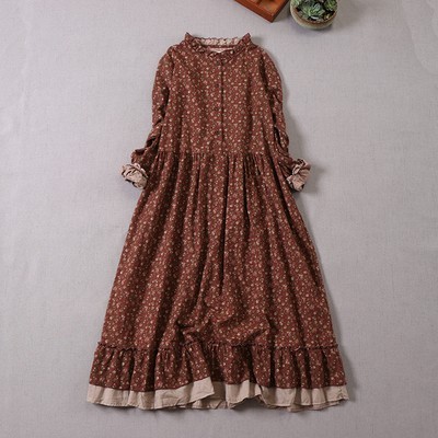 Spring New Style Mori Girl Pastoral Style Floral Dress Women's Loose Casual Large Size Fungus Long-Sleeved Cotton and Linen Long Skirt Spring New Style Mori Girl Pastoral Style Floral Dress Women's Loose Casual Large Size Fungus Long-Sleeved Cotton and Linen Long Skirt