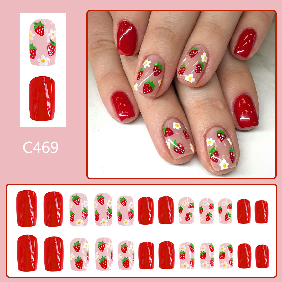 False Nails Strawberry White Flower Design Detachable Manicure_voghion.com