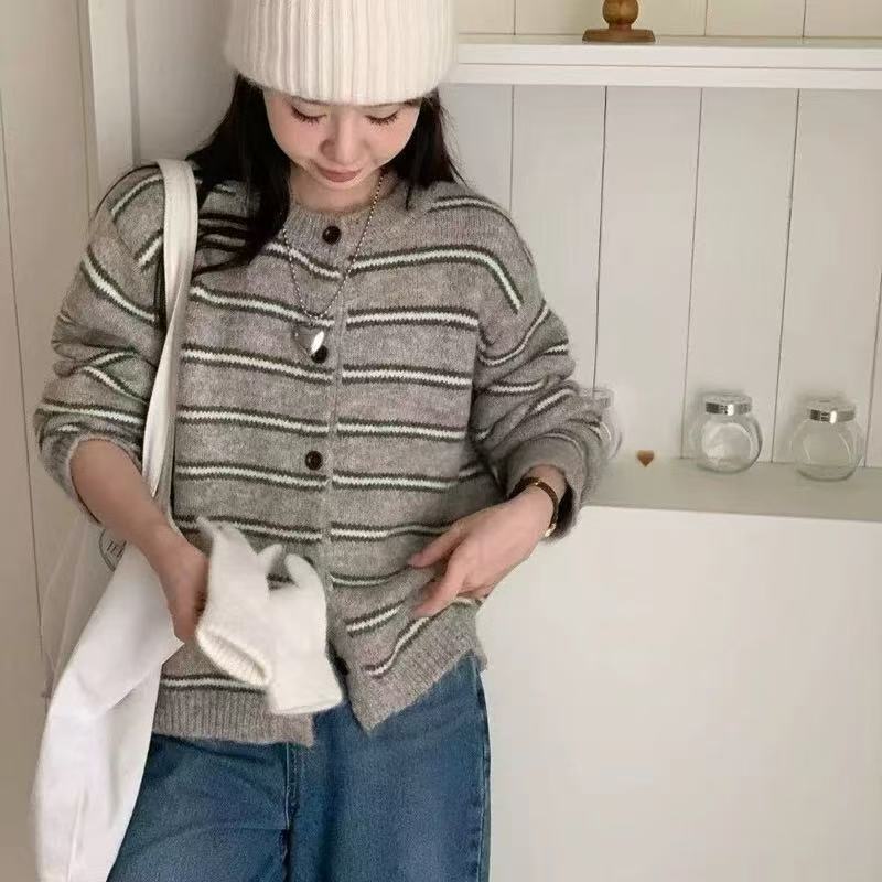 韩版秋冬季新款文艺复古风宽松条纹圆领针织开衫羊驼绒毛衣女外套|undefined