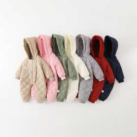 婴儿深秋款薄棉连体衣新生儿秋冬款夹棉连帽爬服宝贝时尚外穿哈衣