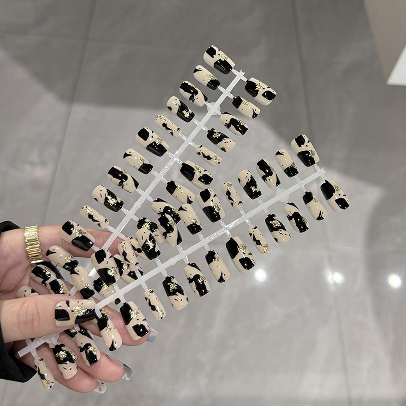 预制甲墨白金箔精品穿戴式美甲中方黑白泼墨简约随性网红假指甲贴|undefined