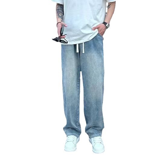 New Men's Drawstring Elastic Waist Loose Lazy Style Draped Long Jeans_voghion.com