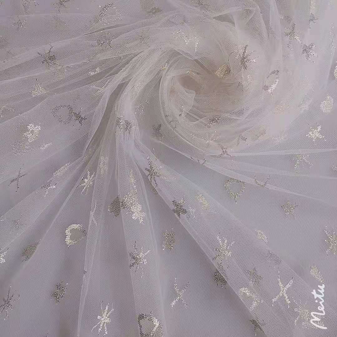 新品现货供应~透薄款爱心米字花五角星等多种图案金银丝提花网纱