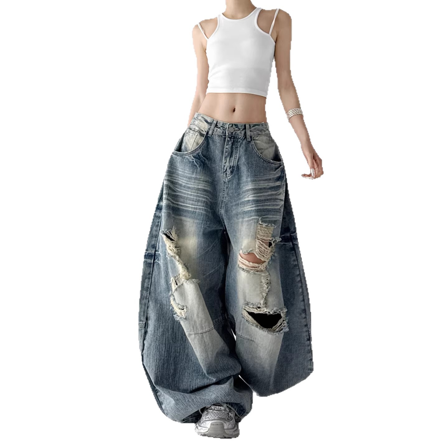 Women's Dark Blue Ripped Wide Leg Jeans Slimming Street Style Floor Length Pants Summer New Design_mkmklike.com