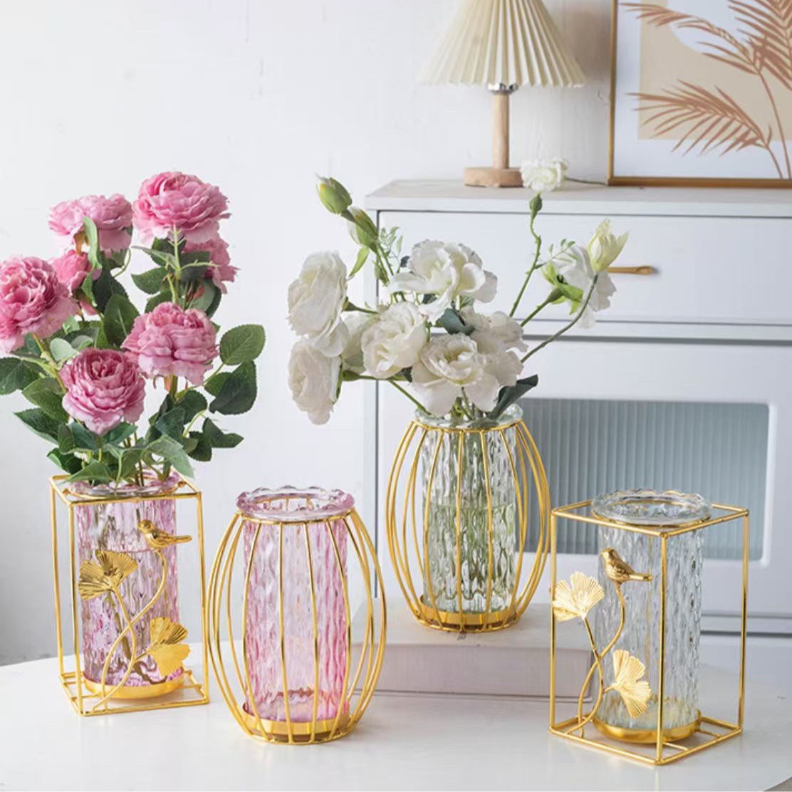 Florero de vidrio, contenedor hidropónico, estilo moderno minimalista, florero de vidrio con arte en hierro, decoración para sala de estar, mesa de comedor, mueble de TV