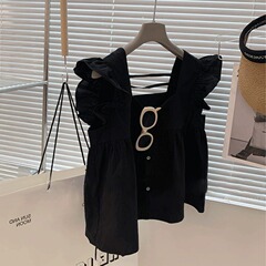 フランス式の襟の小さい飛袖の上着の女性の夏の新型の小さいシャツの露背の子供の袖のシャツのハスの葉の辺の小さい衆のシャツ