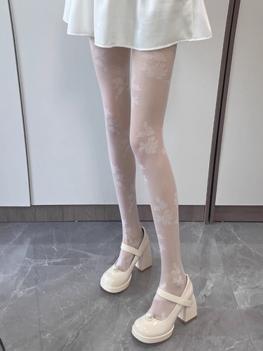Lolita White Rose Silk Stockings Sexy Lace Long Leg Pantyhose Women Summer Ultra-Thin Pure Desire Base Layer Japanese Style