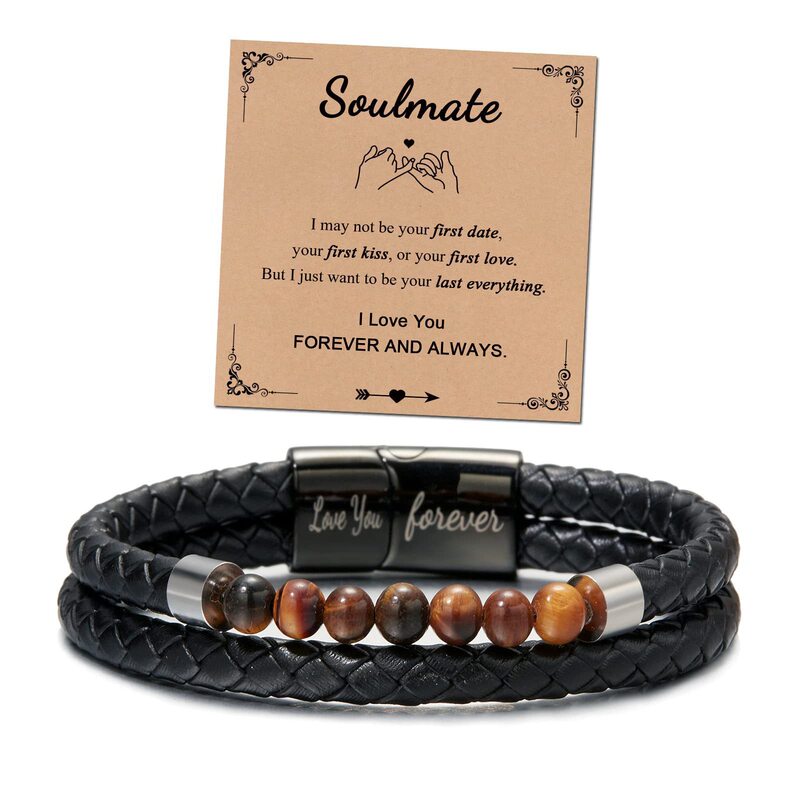 Leather Bracelet Stainless Steel Black Engraving Magnetic Buckle Love You forever Double Layer Tiger Eye Leather Bracelet