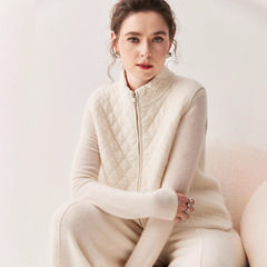 宽松加厚肌理山羊绒棉服针织马甲女2025秋冬羊毛背心马夹拉链开衫