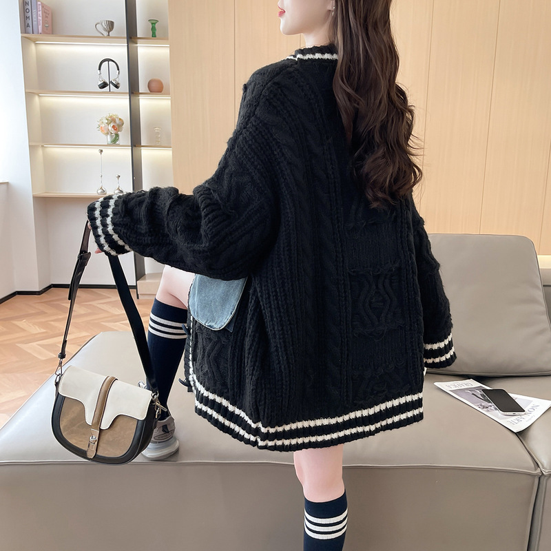 欧韩秋冬新款设计感美式复古嘻哈牛仔拼接针织外套女百搭毛衣开衫|undefined