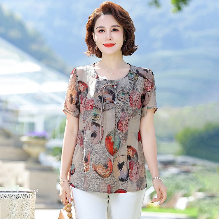 2025 New Mid-Sleeve Chiffon Shirt for Middle-Aged and Elderly Women Summer T-Shirt Middle-Aged Mother Summer Style Top Clothes