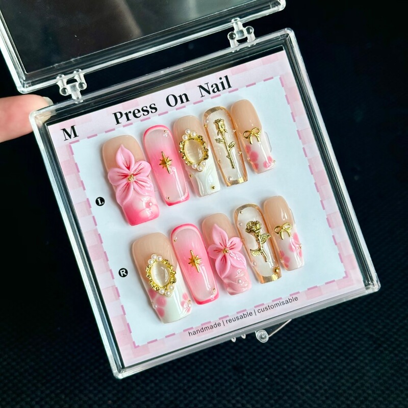 【Made in Shenzhen】Golden Ring Pink Flower Dream Handmade Wearable Nails, Whitening Nail Art Stickers, Nail Patches 【Made in Shenzhen】Golden Ring Pink Flower Dream Handmade Wearable Nails, Whitening Nail Art Stickers, Nail Patches