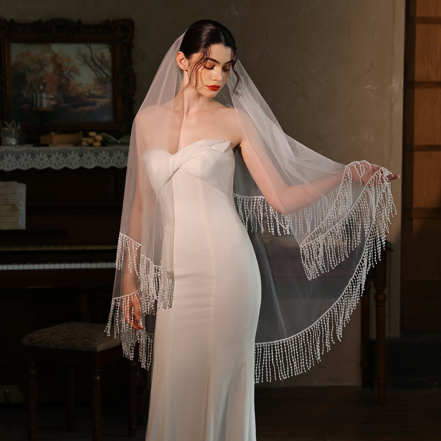 V523欧美白色双层流苏遮面头纱新娘结婚纱礼服拍照外景样片高透纱