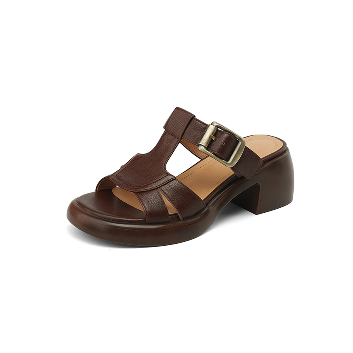 Sandal nữ hở mũi quai chữ T đế cao gót 6 cm, da mềm phong cách La Mã — màu nâu chi tiết 18