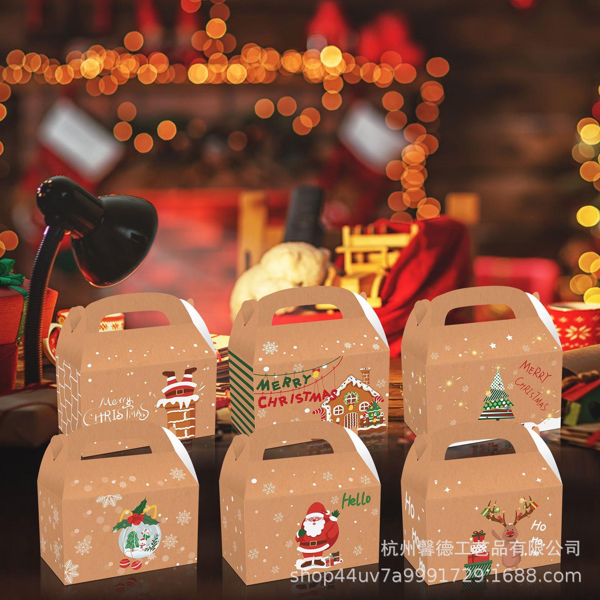 DD081亚马逊圣诞节降临日装饰 树 球 老人鹿木屋白卡纸手提礼品盒