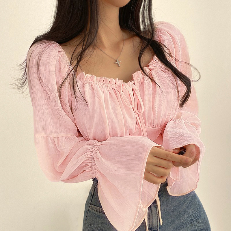 Amazon European and American Women's Clothing Tops Spring and Summer Style Bell-Sleeved Waist-Cinching Tie Women's Shirt Pg2697