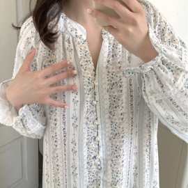 韩国ins女士春秋新品韩版棉纱法式碎花圆领家居服睡裙连衣裙批发